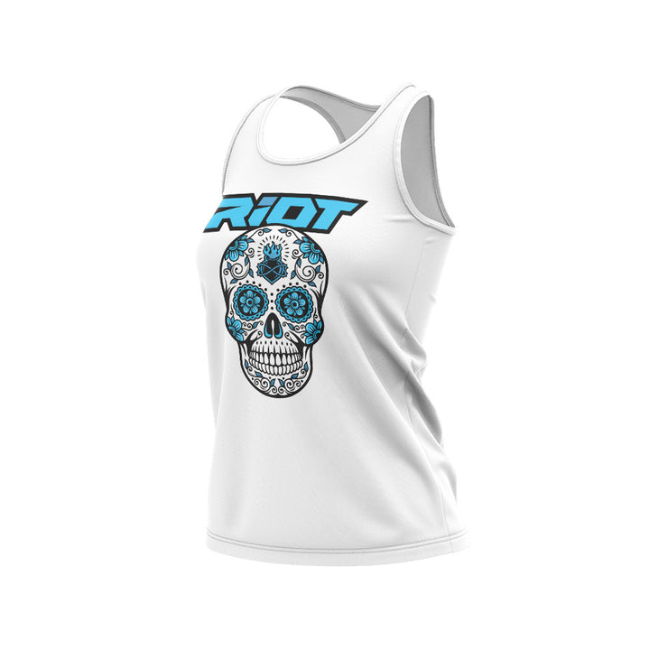 White Shirt with Blue Sugar Skull Riot Logo - Choose your shirt type
