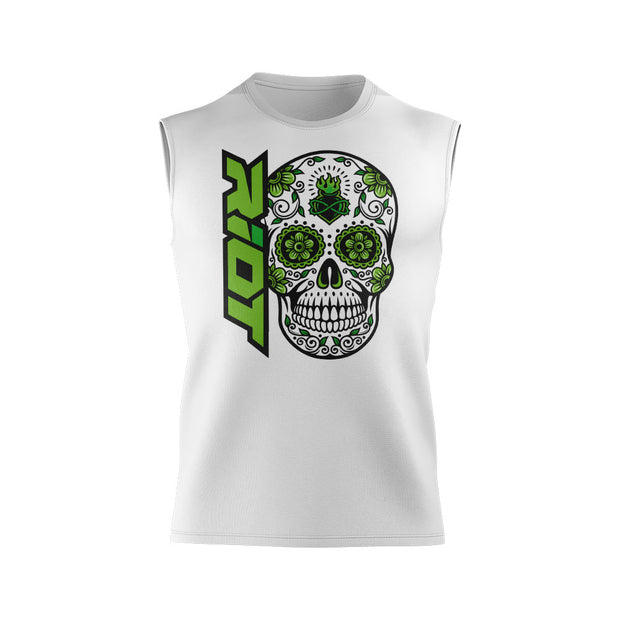 White Shirt with Green Sugar Skull Riot Logo - Choose your shirt type
