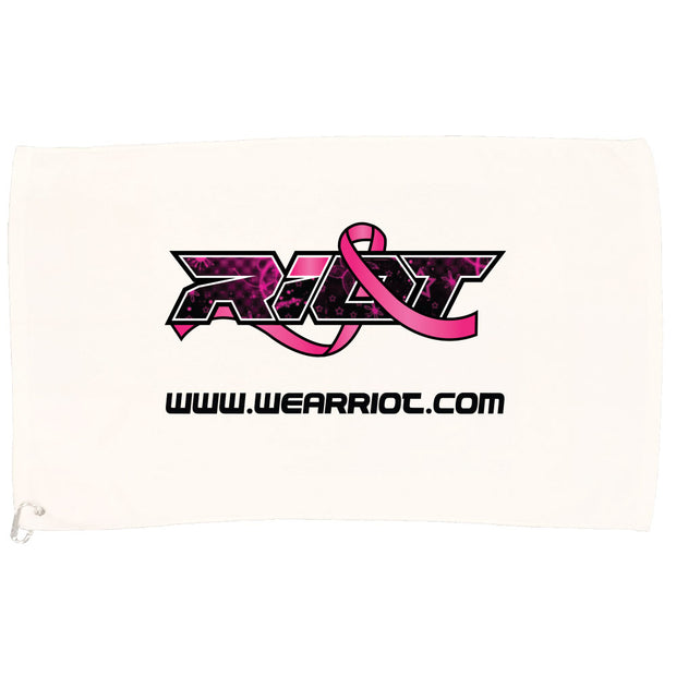 White Game Towel with Breast Cancer Ribbon Riot Logo