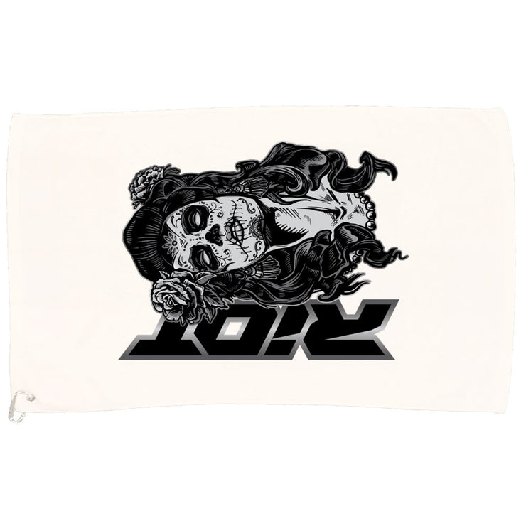 White Game Towel with Day of Dead Skull Riot Logo
