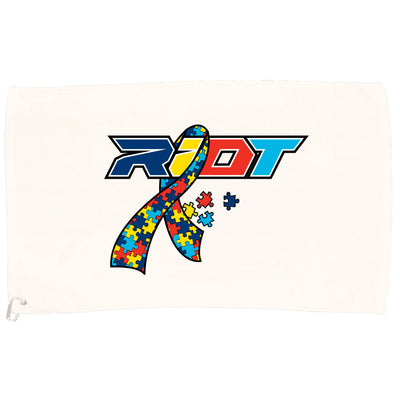 White Game Towel with Autism Ribbon Riot Logo