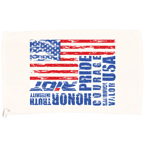 White Game Towel with USA Honor Valor Pride Riot Logo