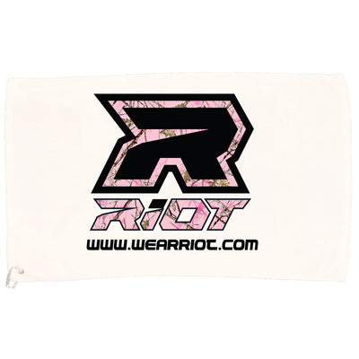 White Game Towel with Woodland Camo Pink Riot Logo