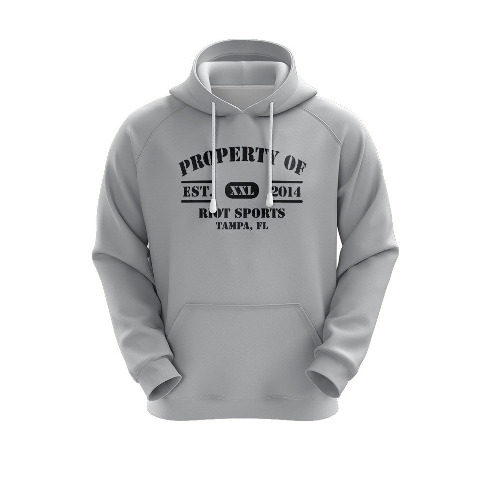 Heather Grey Hoodie w/ Property of Riot Logo (choose your logo color) –  Riot Sports Gear