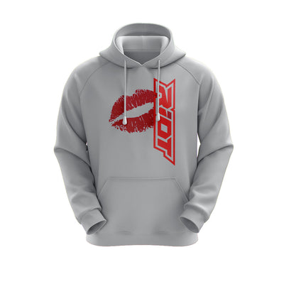 Heather Grey Hoodie with Riot Valentines Day Lips Vertical Logo