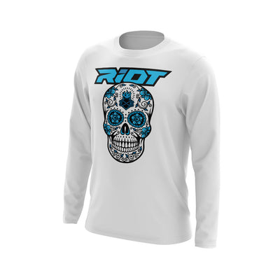White Shirt with Blue Sugar Skull Riot Logo - Choose your shirt type