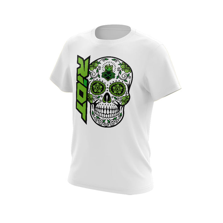 White Shirt with Green Sugar Skull Riot Logo - Choose your shirt type