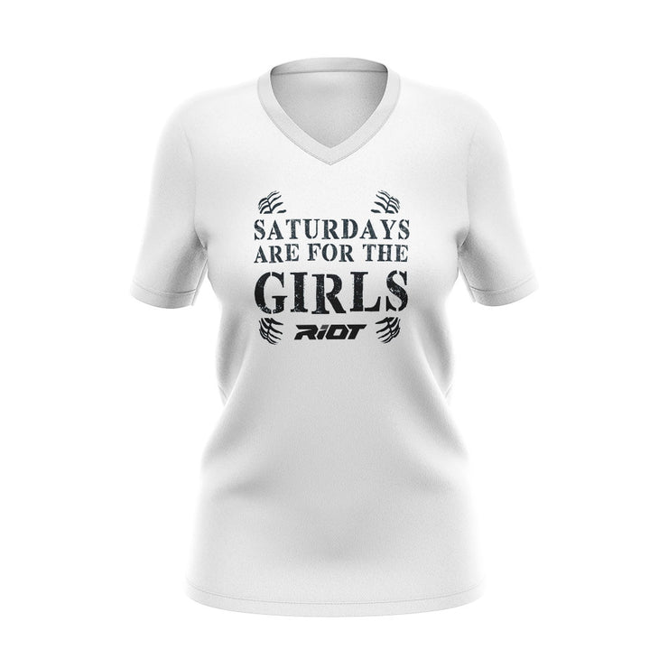 White Womens V-Neck with Girls Saturdays Riot Logo (choose your logo color)