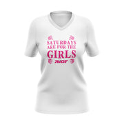 White Womens V-Neck with Girls Saturdays Riot Logo (choose your logo color)