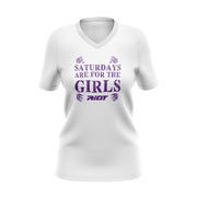 White Womens V-Neck with Girls Saturdays Riot Logo (choose your logo color)