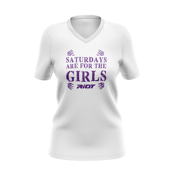 White Womens V-Neck with Girls Saturdays Riot Logo (choose your logo color)