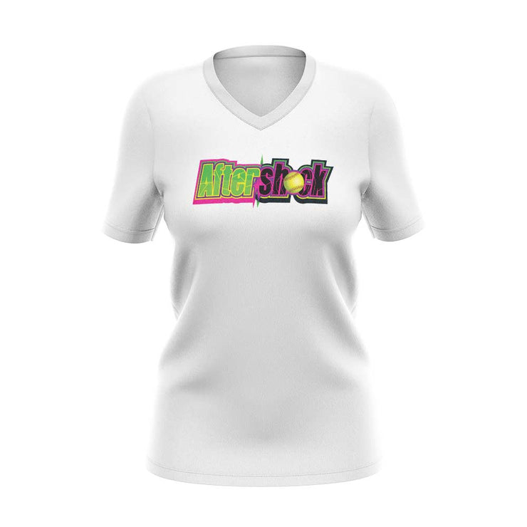 White Women's V-Neck Short Sleeve Shirt with Aftershock 9U Logo