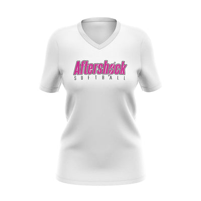 White Women's V-Neck Short Sleeve Shirt with Aftershock 8U Pink Logo