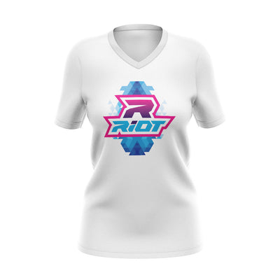 White Womens V-Neck with Diamond Family Riot Logo