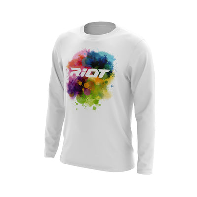 White Long Sleeve Shirt with Watercolor Riot Logo