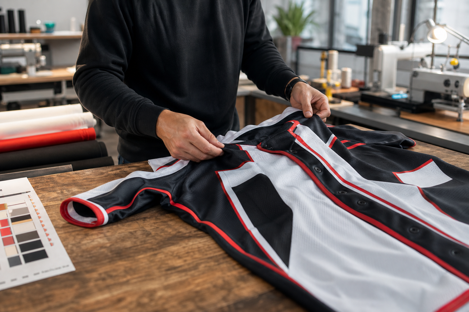 Riot Sports craftsperson inspecting a jersey