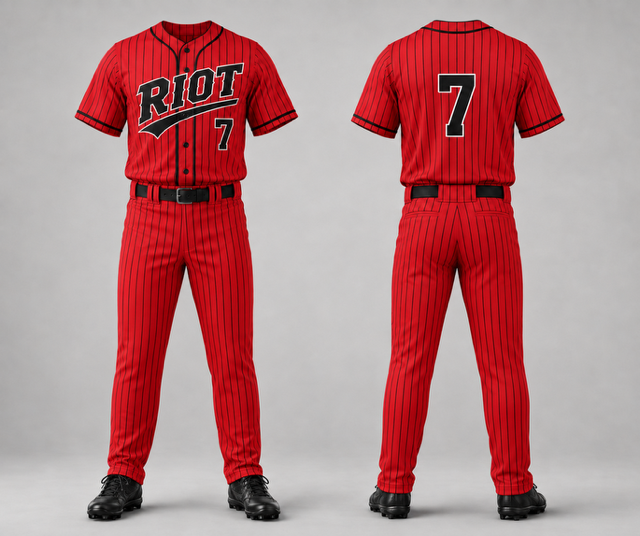 Red pinstripe full button baseball uniform shown from the front and back