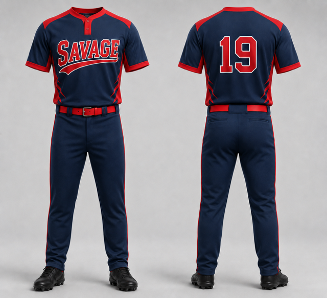 Navy and red two button baseball uniform shown from the front and back
