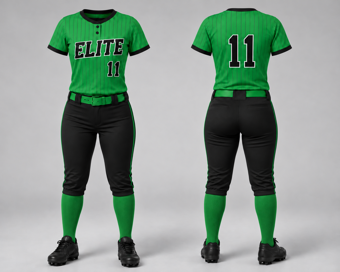 Black three-quarter-length fastpitch pants with green piping and green socks