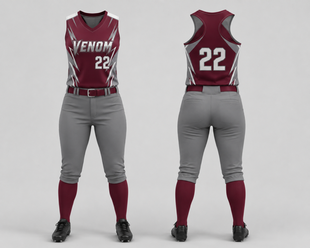Maroon and gray Venom sleeveless fastpitch uniform shown from the front and back