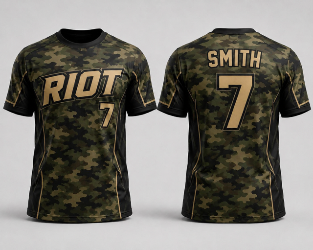 Camouflage Riot short sleeve slowpitch jersey shown from the front and back