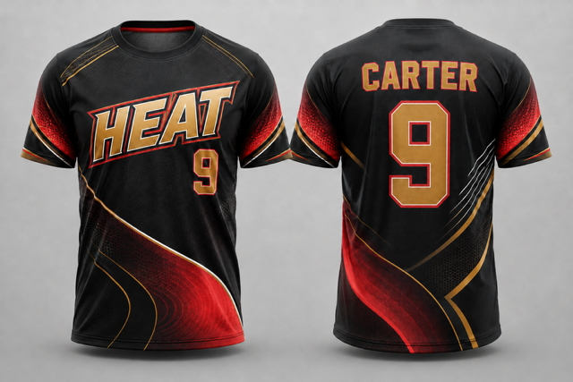 Black, red and gold Heat custom slowpitch jersey shown from the front and back