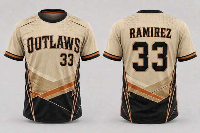 Cream, black and orange Outlaws custom slowpitch jersey shown from the front and back