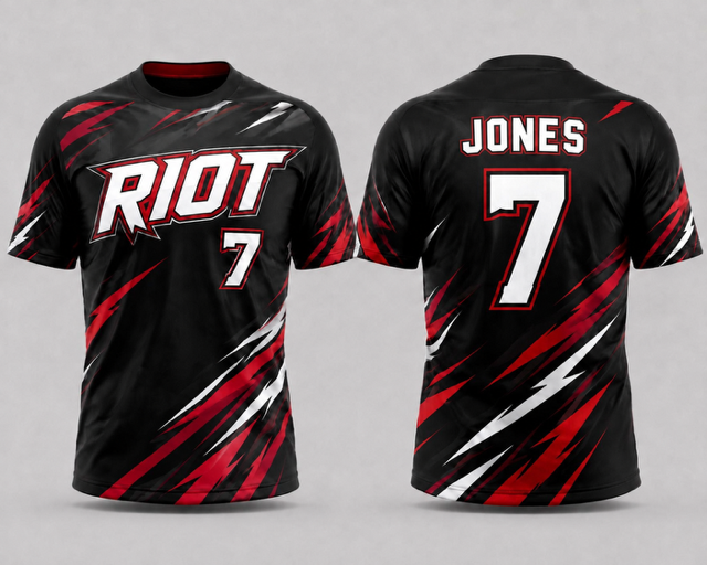 Black, red and white Riot short sleeve slowpitch jersey shown from the front and back