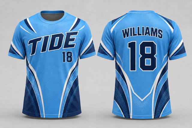 Blue and white Tide custom slowpitch jersey shown from the front and back