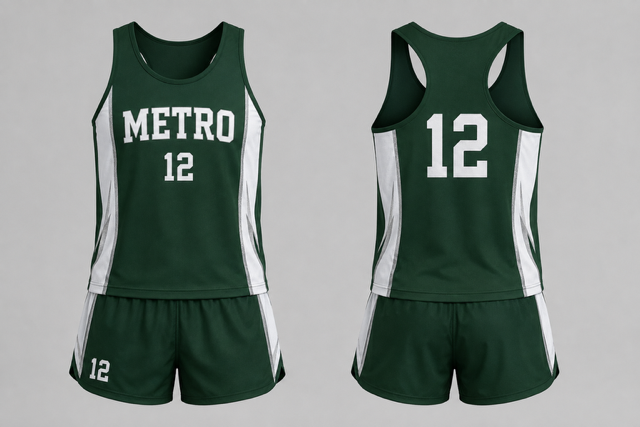 Green and white Metro men's custom track uniform shown from the front and back