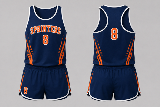 Navy, orange and white Sprinters men's custom track uniform shown from the front and back