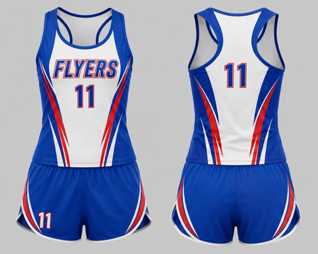 Blue, white and red Flyers women's custom track uniform shown from the front and back