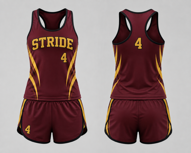 Maroon and gold Stride women's custom track uniform shown from the front and back